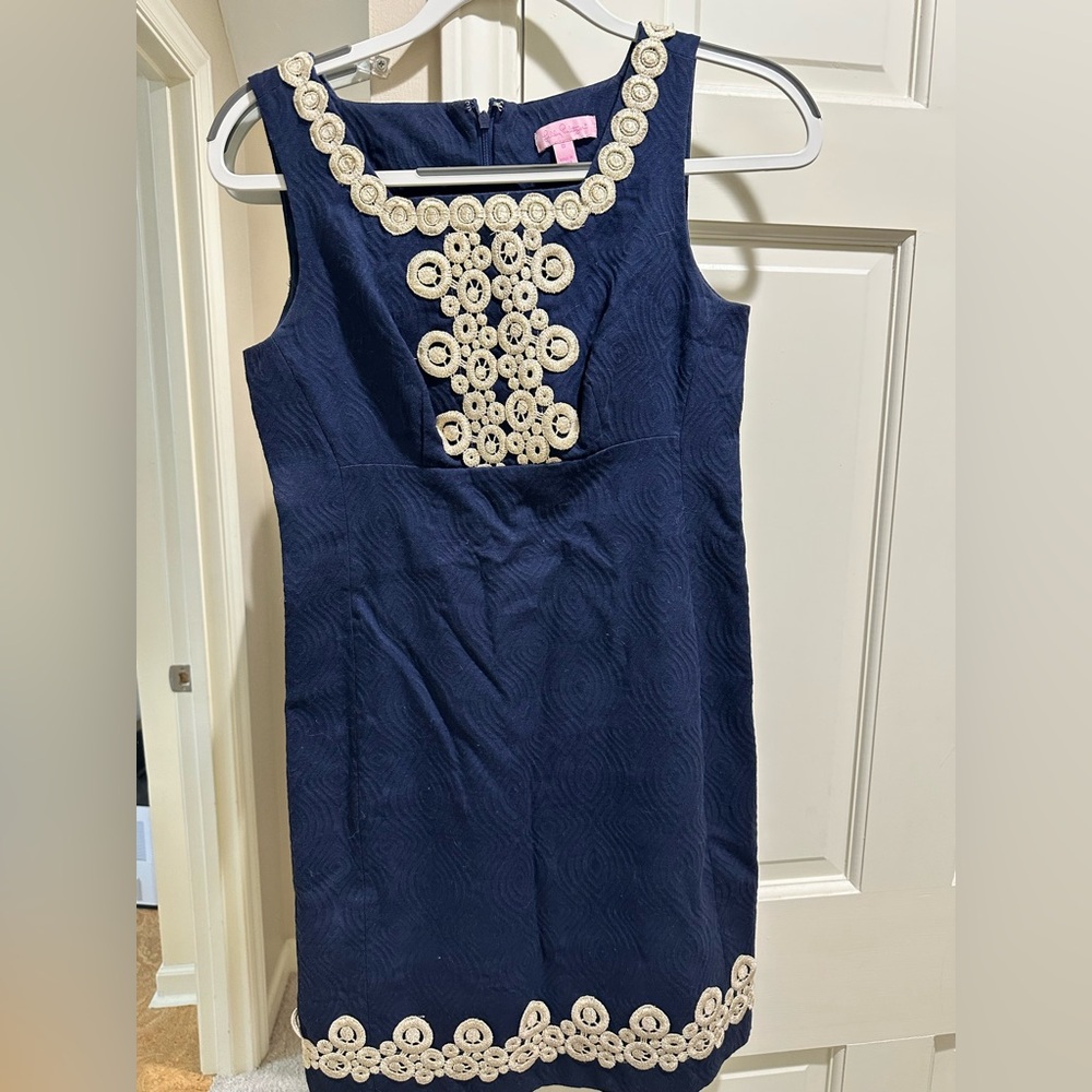 Lilly Pulitzer Adelson Jacquard Shift Navy Blue Gold Dress size 0